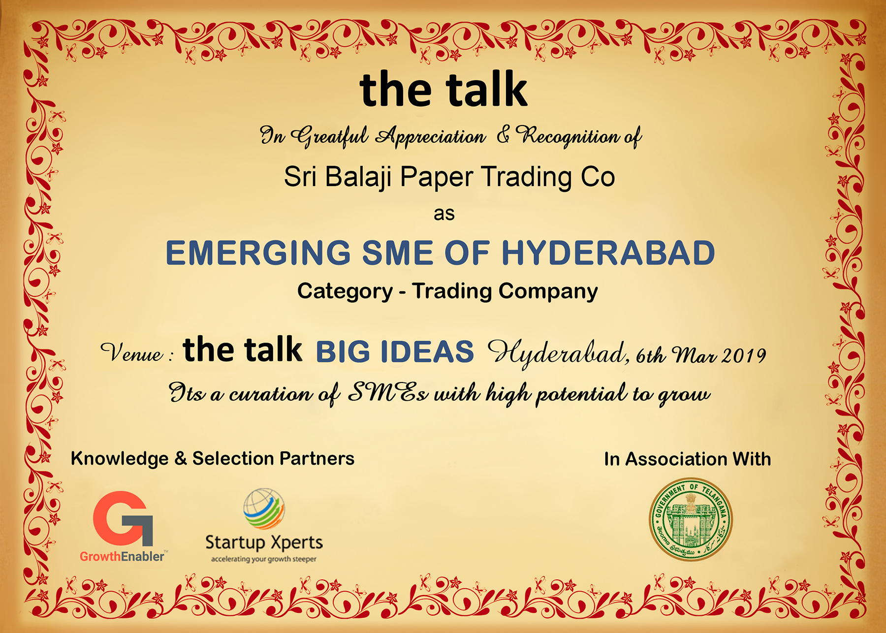 the talk - Big Ideas To Scale SME's And Startups The Westin, Hyderabad - 06th March 2019
